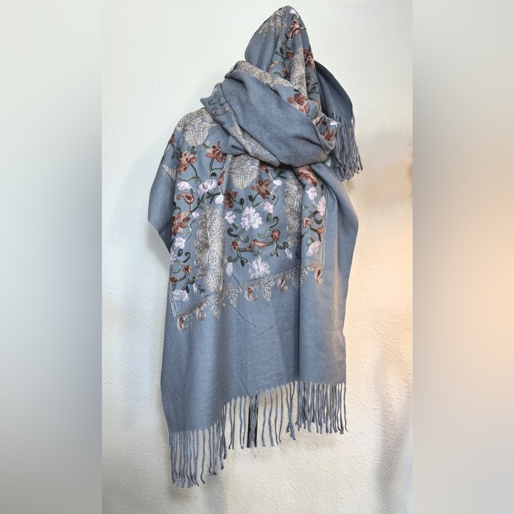 Elegant Gray Embroidered Scarf Wrap